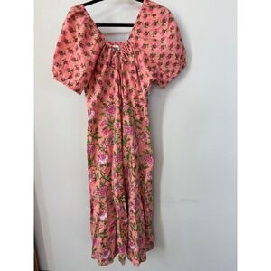 Citrus Called to Surf Pink Floral Cotton Smocked Puff Sleeve Midi Dress XL